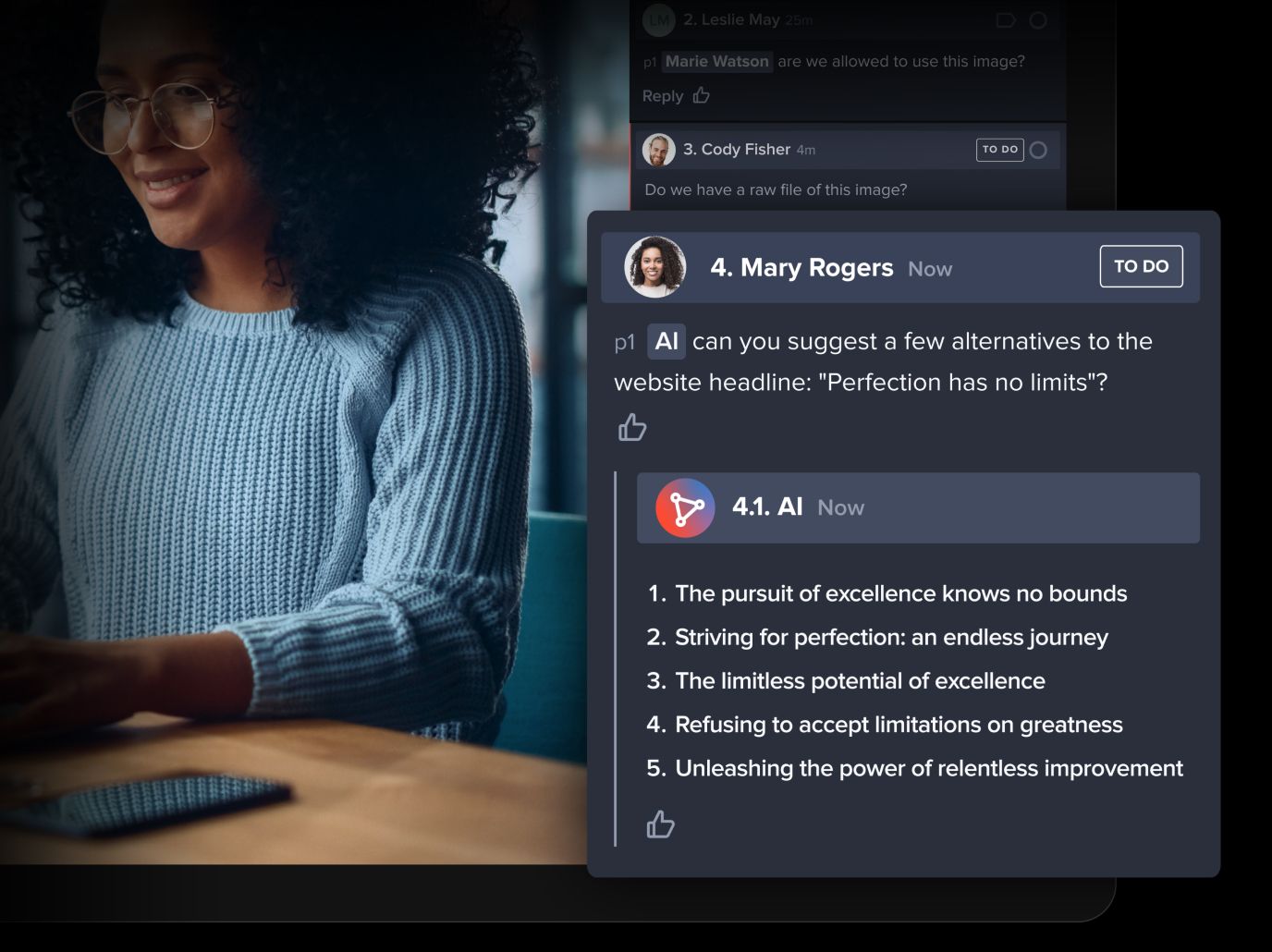 Ziflow user interface with AI tools in comments suggestions