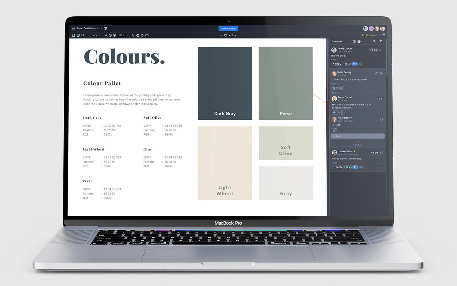 Ziflow user interface with comments bar and brand design guidelines proof being reviewed.jpg