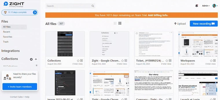 Zight application dashboard with proofs listing