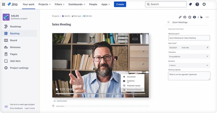 Zoom and Jira in app integration interface