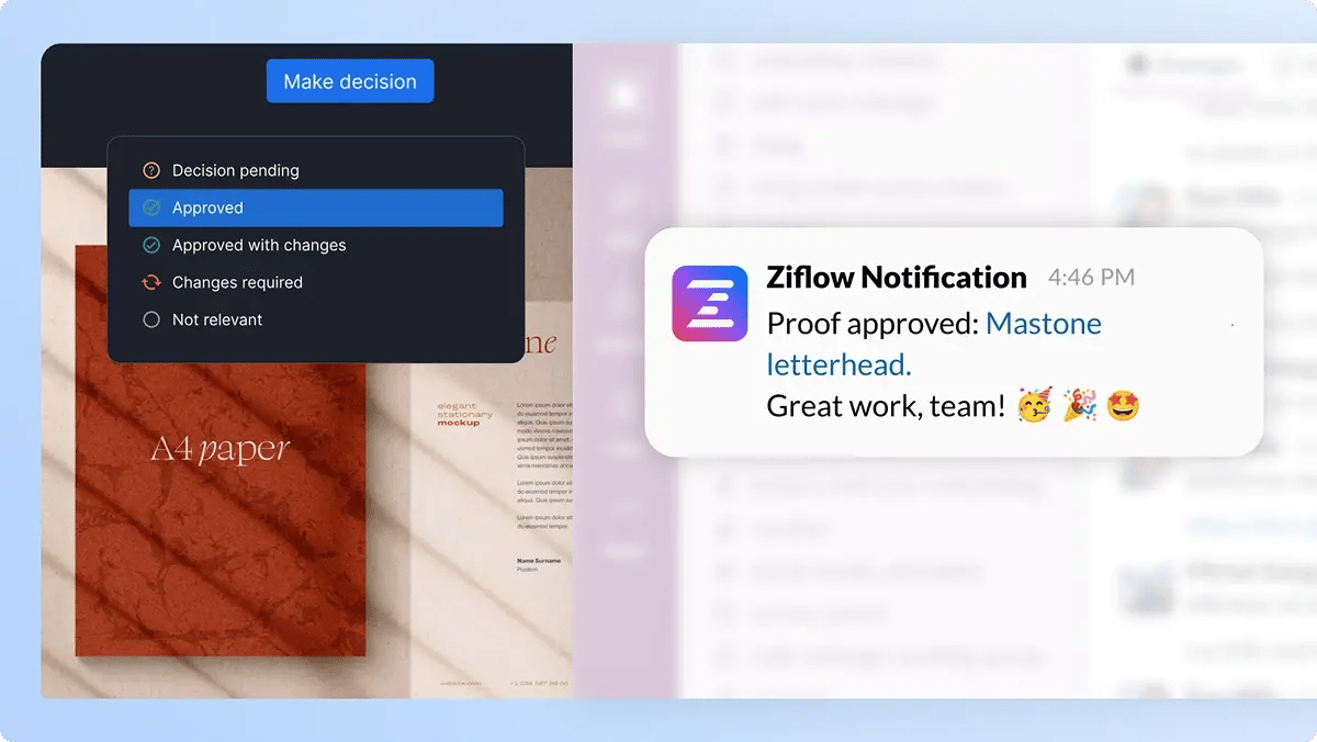 Approval notifications for instant reactions - Proof approved notification in Slack