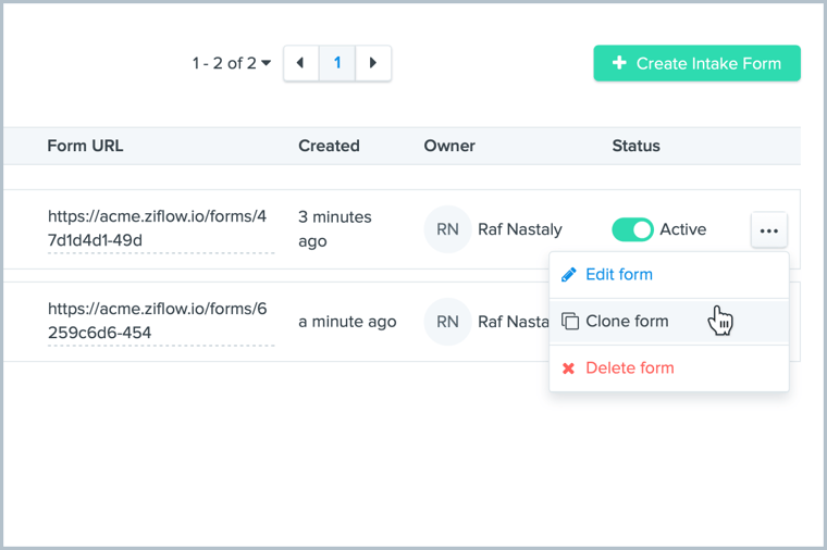 Cloning intake form in Forms list of Ziflow