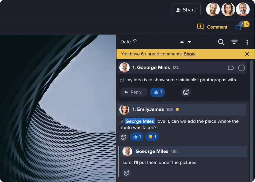 Commenting feature of online creative content reviewing platform