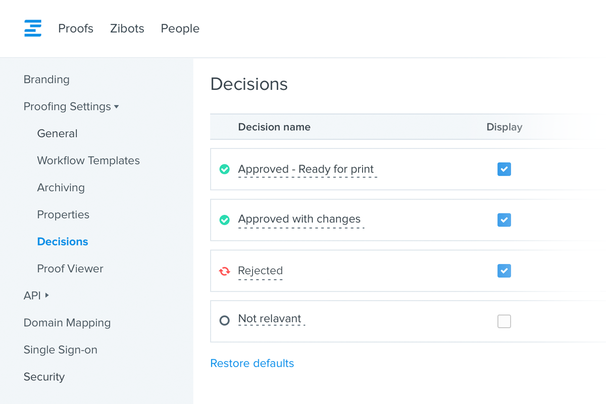 Customized Online Proofing Decisions feature of Ziflow - Product Update