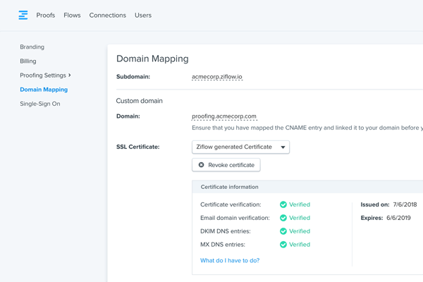 Self service custom domains allowing to set custom address for Ziflow account