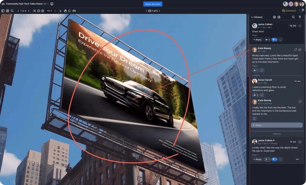 Downtown billboard with a car advertisment photo being reviewed in an online proofing Ziflow app viewer