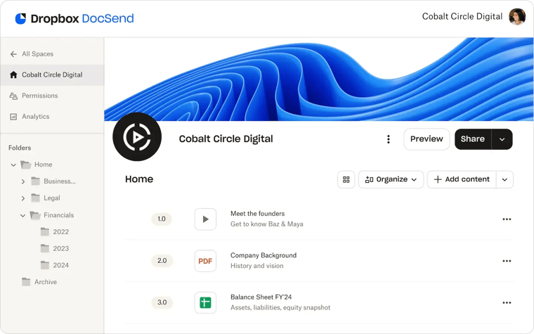 Dropbox docsend screen interface home tab with files preview