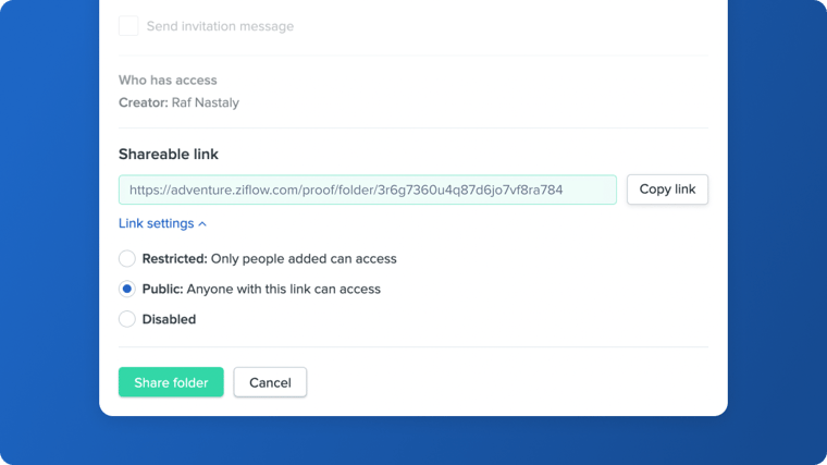 Shareable link folders of Ziflow - Public visibility