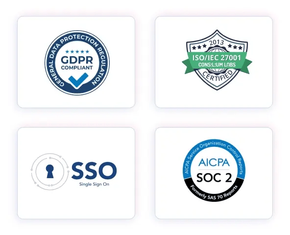 GDPR, ISO_IEC 27001, Single Sign On, AICPA SOC2 logos
