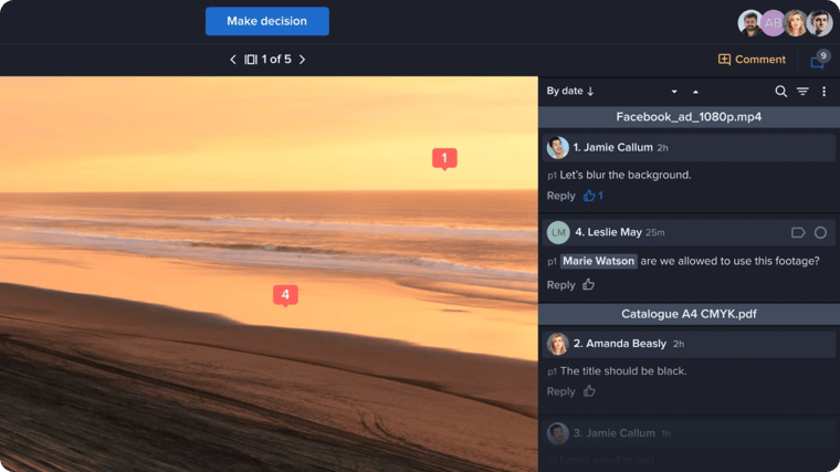 Group comments by asset feature of Ziflow - proof review with comments view