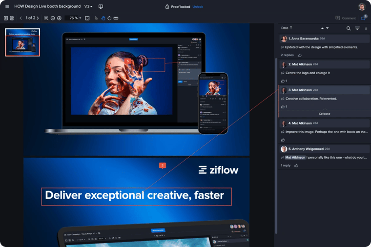 Ziflow markup and annotation tool with comments section with a proof