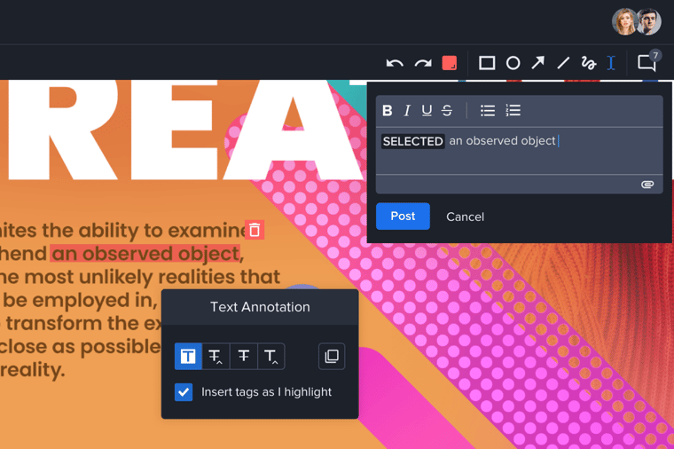 Marking up text feature in online collaboration reviewing platform