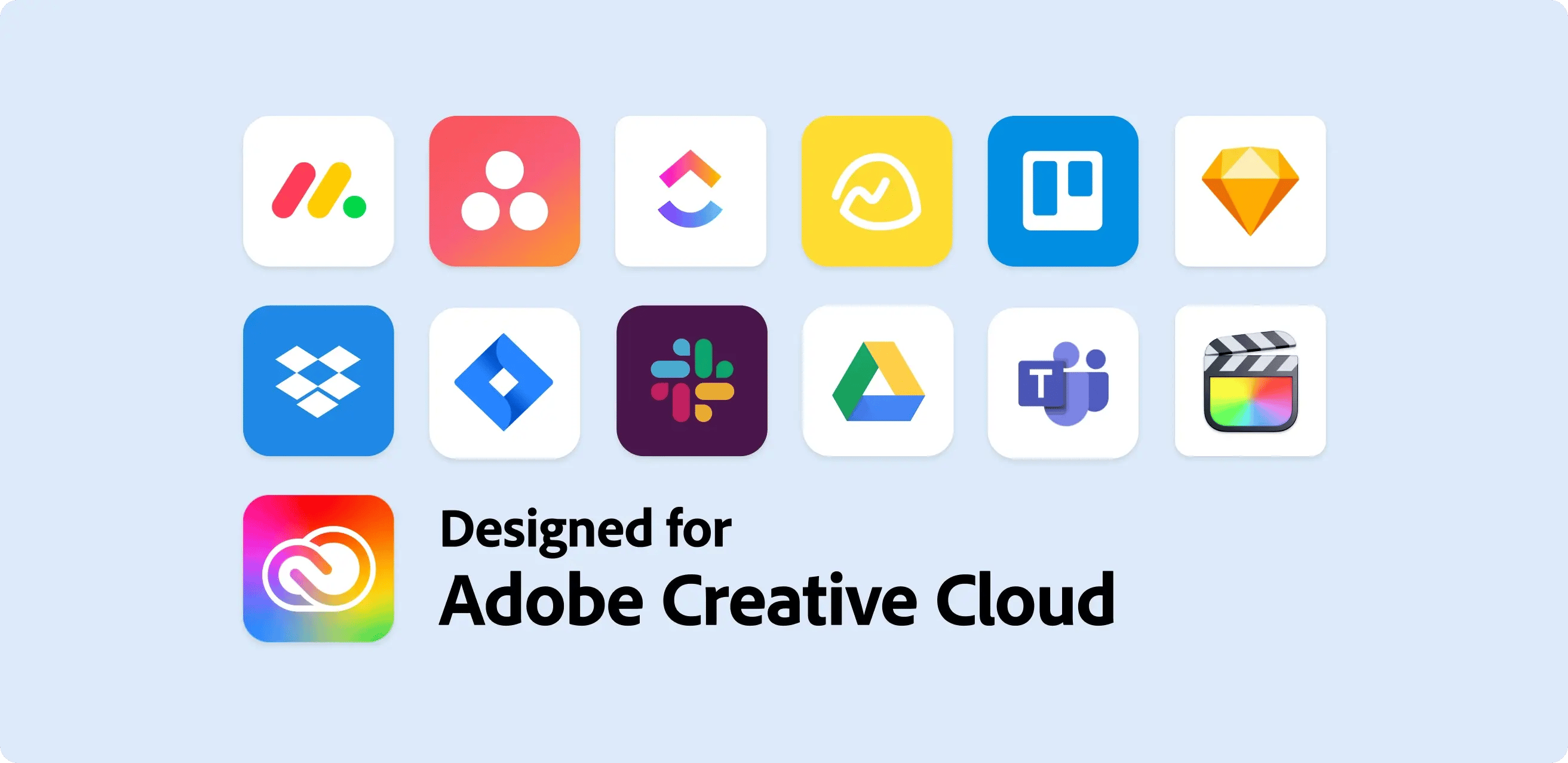 List of apps with icons that integrate with Ziflow - Monday.com, Slack, Asana, Clickup, Trello, Google Drive and more