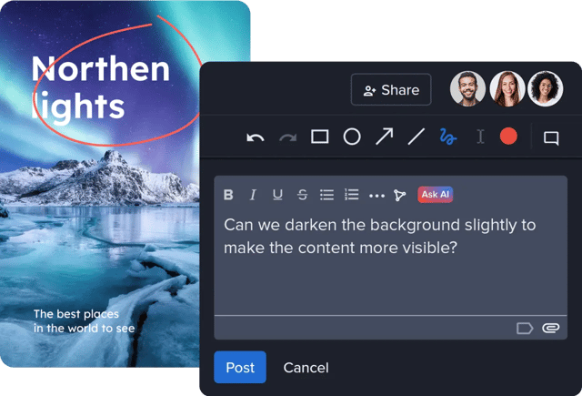 Markup and commenting tool with proof reviewers avatars and comment window