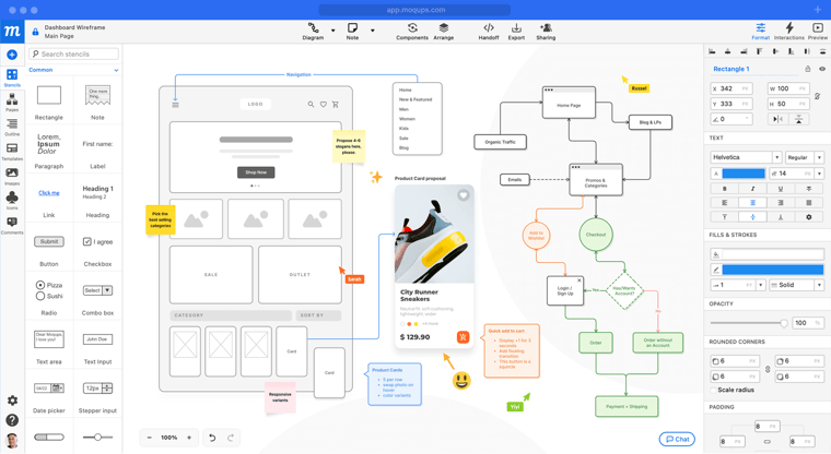 Moqups project view app interface with plenty of options