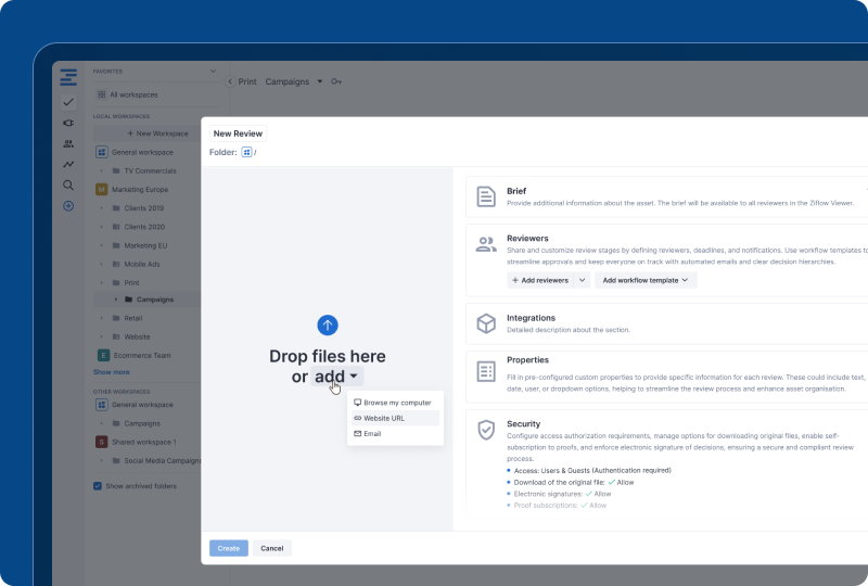 Drop files feature of Ziflow to review creative content