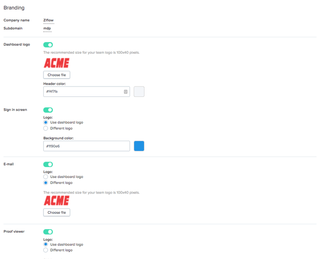 Uploading favicon option in branding settings of Ziflow