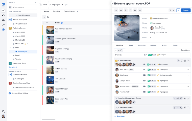 PDF Workflow of Ziflow - Project settings and campaign view with list of files
