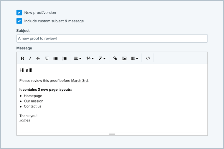 Rich text message attached to review invitation email