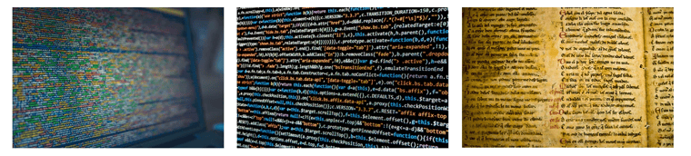 Different examples of characters: code, html, letters, handwriting