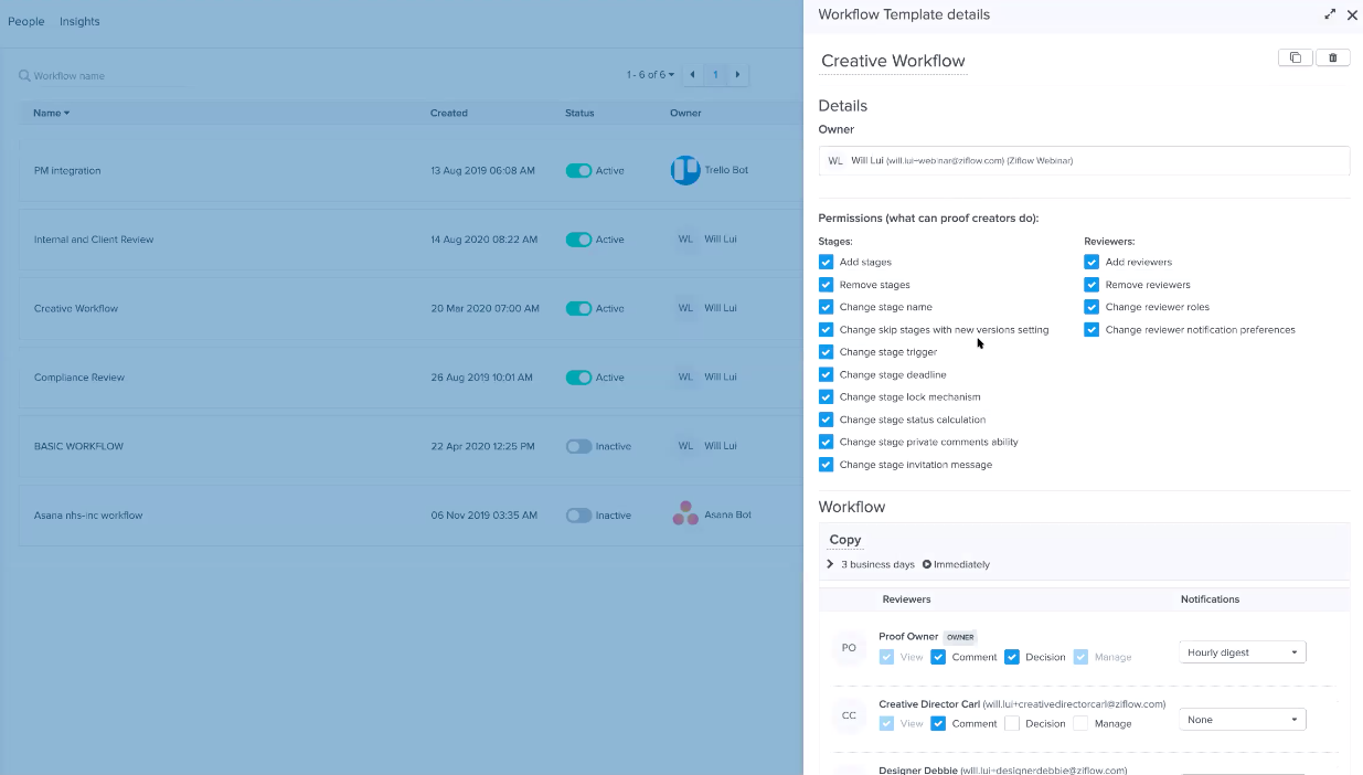 Workflow template details of Ziflow with checlist of options