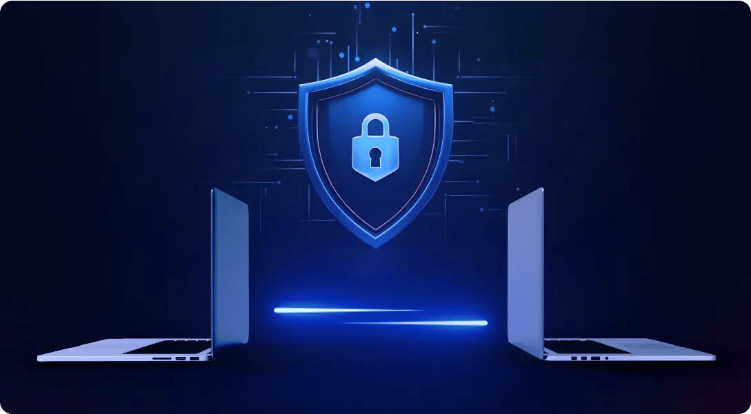 Two laptops and shield with a lock in a center symbolic graphic