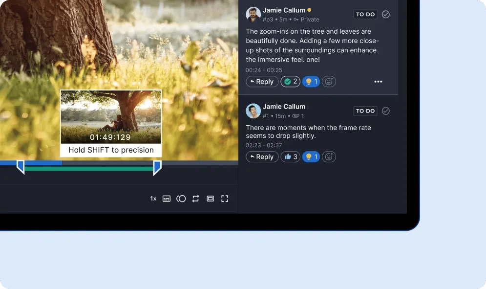 Video proof timeline with comments feedback sidebar in Ziflow proof viewer