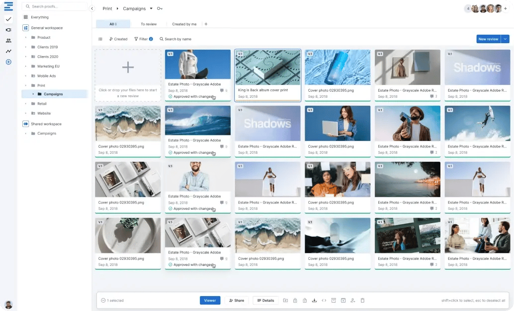 Ziflow gallery view of proofs in a main app dashboard