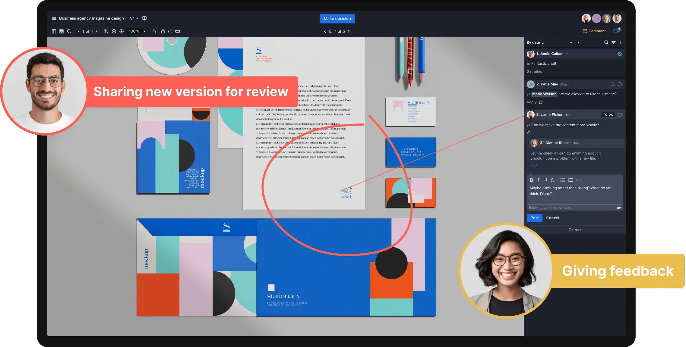 Ziflow main proof viewer dashboard with markup tool and decisions highlighted in a creative assets review process