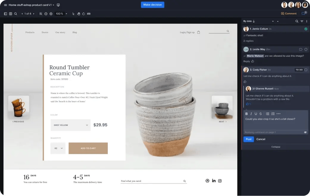 Ziflow proof viewer layout with comments section and retail company creative content