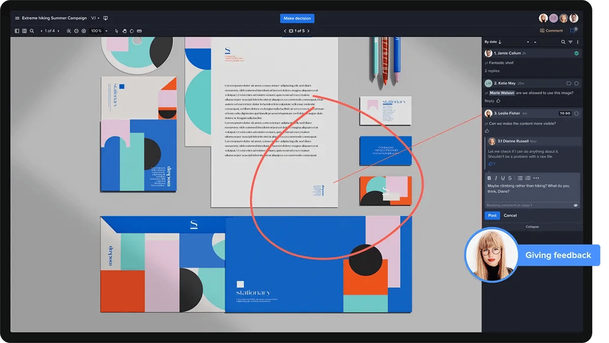 Ziflow user interface with comments section for giving feedback