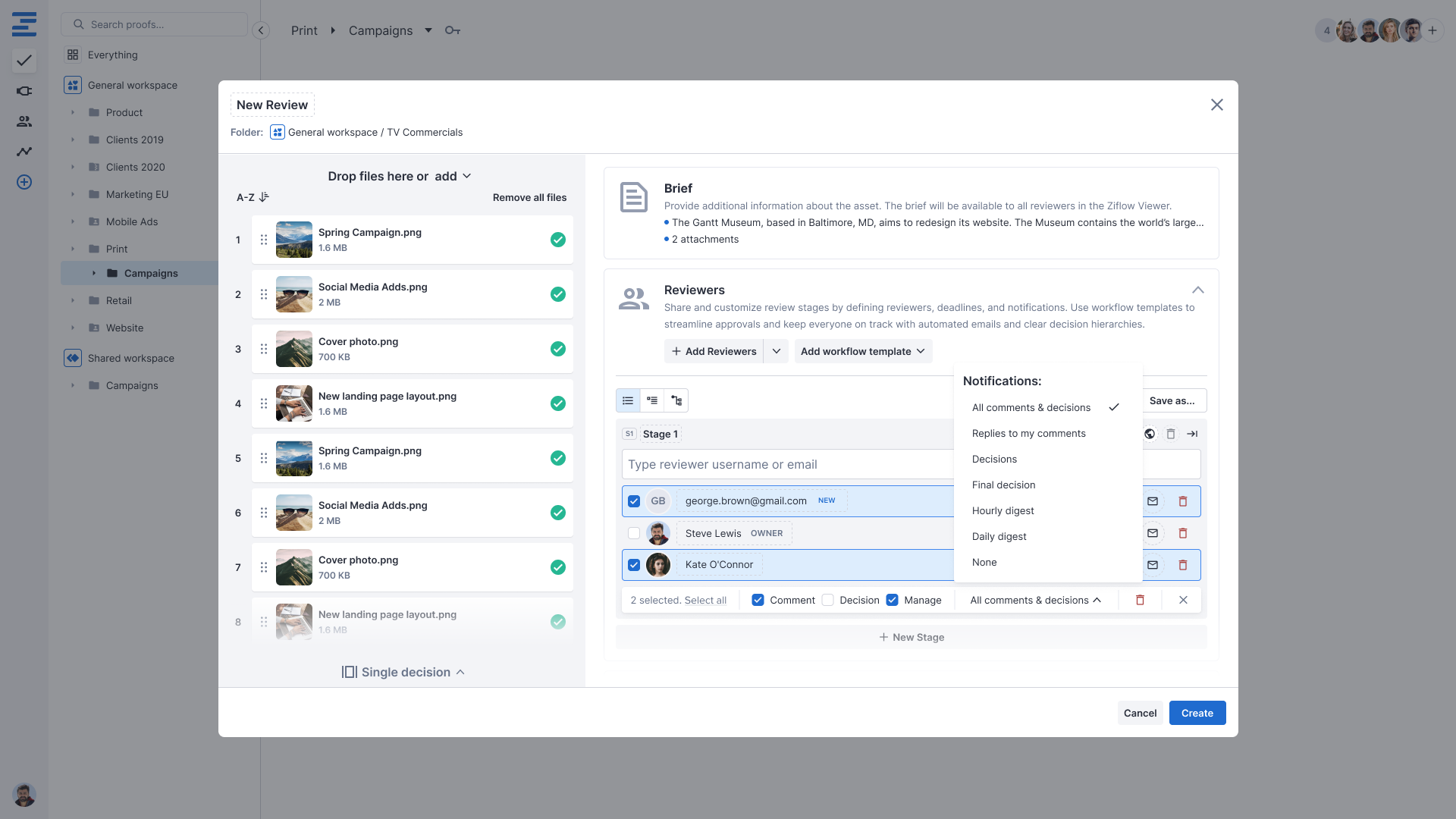 Ziflows proof creation popup with list of creative assets and settings