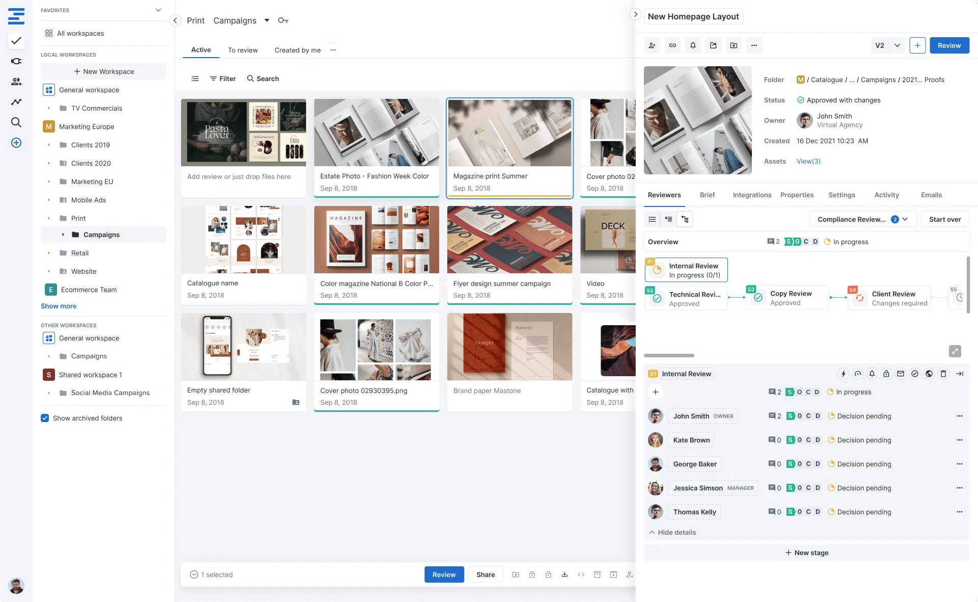 Ziflows user interface with proof details section sidebar and proof list grid